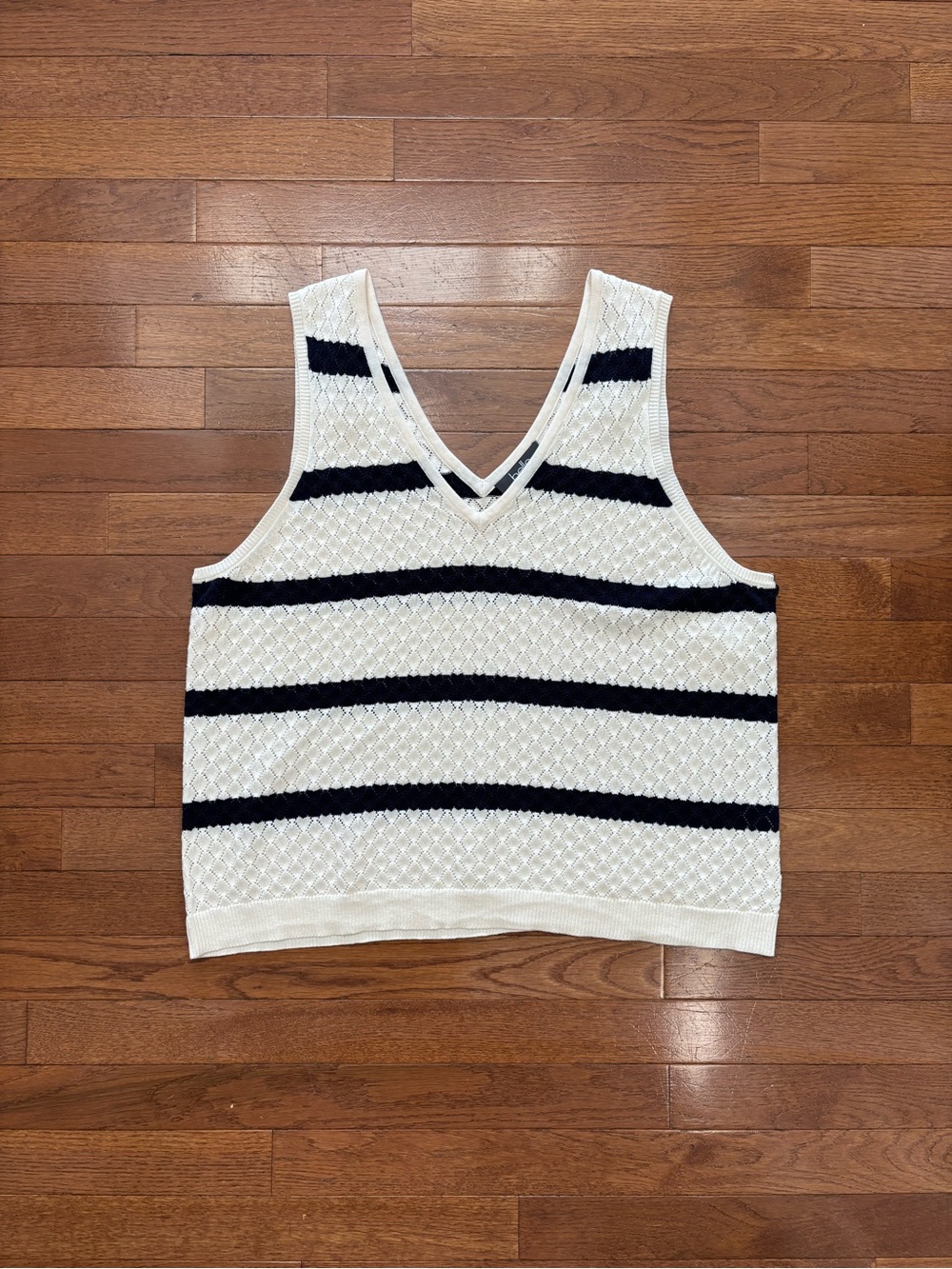 Belle Navy and White Striped V-Neck Knit Sleeveless Sweater